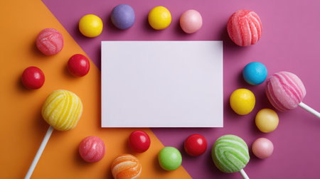 A vibrant layout featuring an assortment of colorful candies surrounding a blank card. Perfect for invitations, party themes, and creative projects celebrating sweetness.の素材