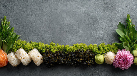 A beautifully arranged selection of sushi ingredients including fresh vegetables and vibrant edible flowers, set against a textured gray background, ideal for food photography.の素材