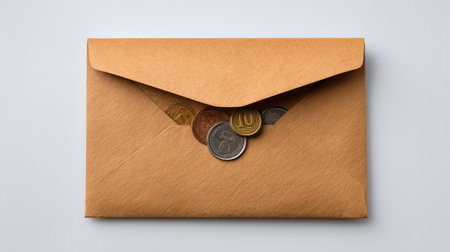 A brown envelope with coins spilling out, representing financial themes. Ideal for illustrating budgeting, personal finance, and money management concepts in various contexts.の素材