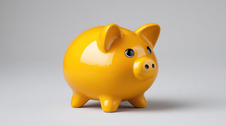 A vibrant yellow piggy bank stands out against a light gray backdrop, symbolizing savings and financial education for children and adults alike, adding a playful touch to any setting.の素材
