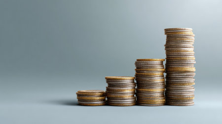 An artistic representation of stacked coins illustrating financial growth and investment potential. The image highlights the journey towards economic prosperity in a clean, minimalistic design.の素材
