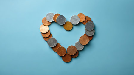 A unique heart shape crafted from assorted coins rests on a soft blue background, symbolizing the intersection of love and finance in a captivating visual arrangement.の素材