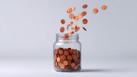 A stunning image showcasing copper coins falling into a glass jar, representing financial concepts such as savings, investment, and wealth accumulation in a clean, minimalist environment.の素材