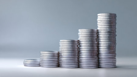 An artistic representation of stacked coins illustrating the concept of financial growth, investment opportunities, and economic analysis against a subtle gray background.の素材