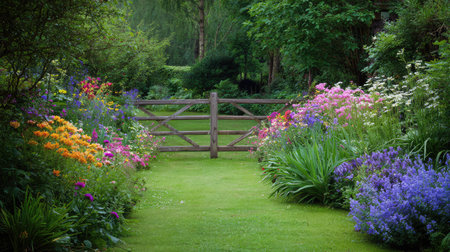 A picturesque pathway in a vibrant garden blooms with colorful flowers leading to a rustic wooden gate, creating a serene and inviting outdoor space for relaxation and enjoyment.の素材