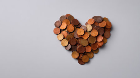 A creative arrangement of copper coins forming a heart shape on a neutral background, symbolizing love for money, wealth, and financial prosperity in a unique and artistic way.の素材