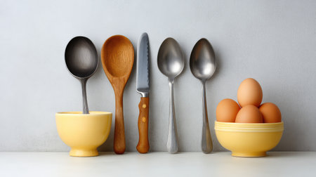 A visually appealing arrangement of kitchen utensils including spoons, a knife, mixing bowl, and fresh eggs showcasing a minimalist cooking environment.の素材