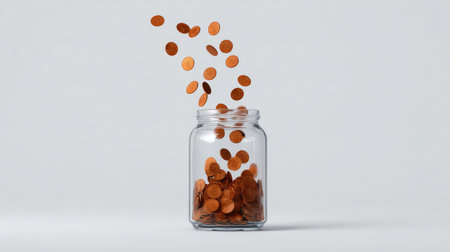 A mesmerizing image of coins gracefully falling into a transparent jar, representing themes of saving, financial growth, and minimalist aesthetics in modern finance.の素材