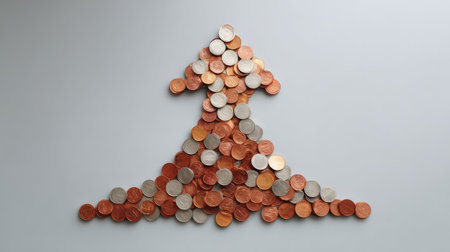 A visually striking arrangement of various coins shaped into an upward arrow, representing financial growth and prosperity against a smooth, minimalistic background.の素材