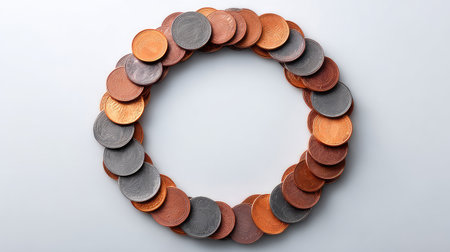 A creative arrangement of coins in a circular formation on a neutral background, emphasizing themes of finance, wealth management, and economic representation for various projects.の素材