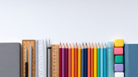 A visually appealing arrangement of stationery items including colorful pencils, pens, rulers, and notebooks on a white background, ideal for educational or office use.の素材