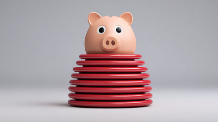 This image features a colorful piggy bank resting on a stack of red discs, symbolizing financial savings and planning, perfect for concepts around saving money and investment strategies.の素材