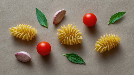 An artistic composition featuring spiral pasta, ripe tomatoes, aromatic garlic, and lush basil on a textured background, ideal for food lovers and cooking enthusiasts.の素材
