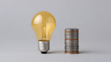 This image creatively combines a light bulb with a stack of coins, symbolizing the fusion of innovative ideas and financial potential for growth and investment in various sectors.の素材