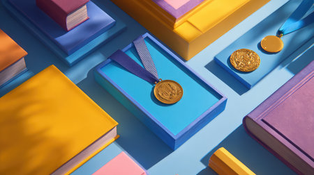 A vibrant arrangement featuring colorful books and medals, ideal for educational themes, showcasing success and creativity in a modern design layout with playful elements.の素材