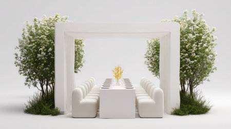 A sophisticated outdoor dining arrangement featuring a sleek white table and plush chairs nestled between vibrant greenery and blooming flowers. Perfect for special occasions.の素材