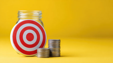 Visual representation of financial planning with a target on a jar of coins, symbolizing the journey towards achieving monetary goals and effective resource management.の素材