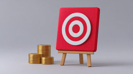 Explore the synergy of goal setting and financial achievement with this vibrant red target symbol on a canvas, accompanied by a stack of golden coins.の素材