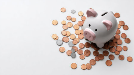 A charming piggy bank sits amidst a collection of scattered coins, symbolizing the concepts of saving, budgeting, and financial planning in a modern personal finance context.の素材