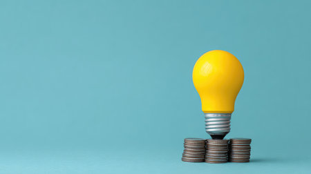 A vibrant yellow light bulb resting on a stack of coins illustrates the intersection of creativity and finance, representing concepts of innovation and investment in a business context.の素材