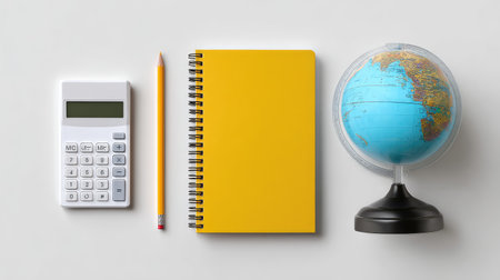 A bright yellow notebook, pencil, calculator, and globe laid out on a light surface, representing tools for education, creativity, and global exploration. Ideal for study themes.の素材