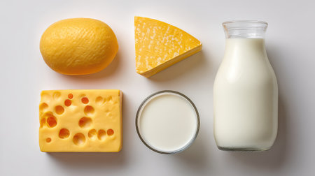 Display of assorted dairy products including cheese varieties, fresh milk, and butter, showcasing vibrant colors and textures suitable for culinary presentations.の素材