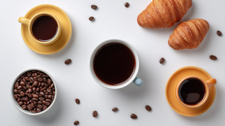 Indulge in a cozy morning atmosphere featuring freshly brewed coffee, flaky croissants, and rich coffee beans, perfect for a delightful breakfast experience.の素材