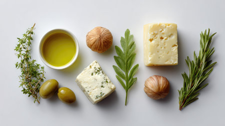 A beautifully arranged collection of fresh ingredients featuring various cheeses, herbs, olive oil, and nuts, ideal for enhancing culinary presentations and delightful recipes.の素材