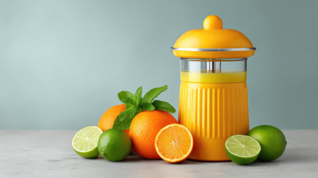 A vibrant kitchen scene featuring a bright yellow citrus juicer surrounded by fresh oranges and limes, highlighting a healthy lifestyle and refreshing drinks. Perfect for food photography.の素材