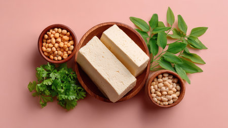 A visually appealing arrangement of fresh tofu blocks, chickpeas, and green coriander on a soft pink background, ideal for recipe ideas and health-focused content.の素材