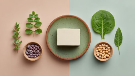 A visually appealing arrangement of tofu, beans, spinach, and herbs on a soft color background, perfect for promoting healthy plant-based cooking and vibrant lifestyle choices.の素材