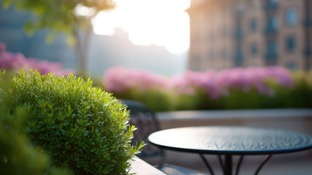 A picturesque outdoor cafe setting features a small table surrounded by lush greenery and colorful flowers, bathed in soft morning light, creating a tranquil atmosphere ideal for relaxation.の素材
