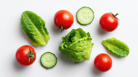 A vibrant arrangement of fresh tomatoes, crisp lettuce, and sliced cucumbers set against a white backdrop, perfect for promoting healthy recipes and dietary choices.の素材