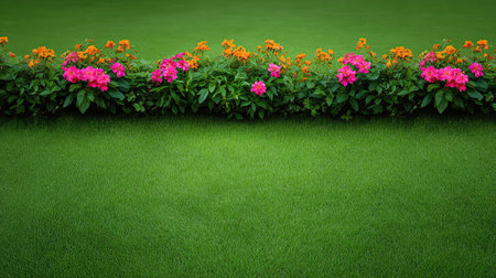 A stunning garden scene showcasing a vibrant flower bed with pink and orange blooms set against a backdrop of lush green grass, ideal for nature-themed projects and visuals.の素材