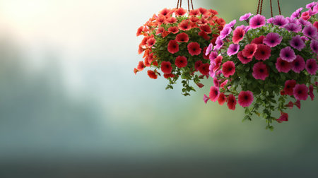 Elegant hanging baskets filled with bright red and pink petunias create a stunning display, enhancing the serene atmosphere of a beautiful garden setting in soft focus.の素材