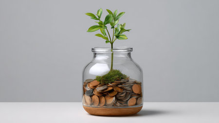 A vibrant green plant grows from a jar filled with coins, representing the connection between nature, investment, and financial growth in a minimalist setting.の素材