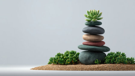 A minimalist arrangement featuring stacked stones topped with a succulent, symbolizing balance and tranquility in a serene setting perfect for wellness and design themes.の素材