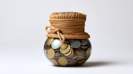 A rustic glass jar filled with diverse coins, wrapped neatly with twine, perfect for representing the concepts of savings, finance, and economic planning in visual media.の素材