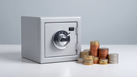 A secure safe sits beside stacked coins, symbolizing financial stability and the importance of saving. Ideal for themes of wealth management and financial planning.の素材