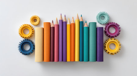 An artistic arrangement of colorful pencils, paper rolls, and playful gear shapes on a clean white background, perfect for creative projects and educational content.の素材
