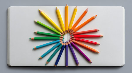 A visually striking arrangement of colored pencils in a spiral pattern on an open sketchbook, perfect for inspiring creativity and artistic projects with vibrant hues.の素材