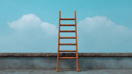 A wooden ladder stands tall against a bright blue sky adorned with soft white clouds, representing a journey towards dreams and the pursuit of limitless possibilities.の素材