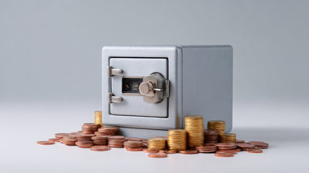 A silver safe sits amidst an assortment of copper and golden coins, emphasizing themes of security and financial prosperity in a clean, minimalist setting.の素材