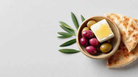 Discover a fresh and vibrant Mediterranean snack featuring olives, feta cheese, and pita bread, perfect for any occasion or culinary inspiration. Enjoy healthy flavors.の素材