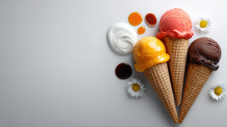 A vibrant arrangement of three ice cream cones featuring diverse flavors, complemented by toppings and fresh daisies, creating a delightful and appetizing visual for summer treats.の素材