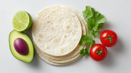 A beautifully arranged scene showcasing fresh culinary ingredients, including tortillas, avocado, ripe tomatoes, lime, and cilantro, ideal for food preparation and photography.の素材