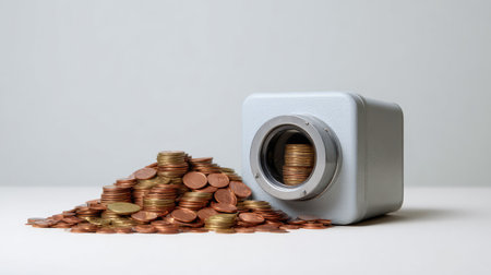 A modern silver piggy bank with a pile of shiny coins, representing financial security and savings, set against a simplistic background for a clean, contemporary look.の素材