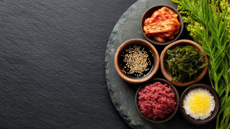 A visually appealing layout of traditional Korean fermented foods in decorative bowls, perfect for culinary creations and showcasing vibrant flavors and textures.の素材