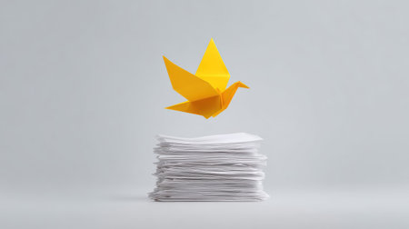 A captivating yellow origami crane soars above a neat stack of white papers, representing creativity and transformation in a clean, minimalist aesthetic.の素材