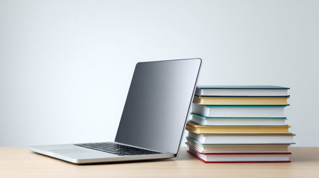 A sleek laptop sits next to a vibrant stack of books, reflecting a modern workspace ideal for study, technology, and learning in a minimalist environment.の素材
